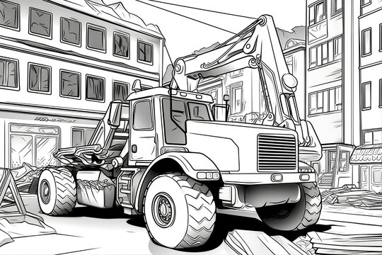 Coloring Book Black Outline, Construction Zone Hardworking Construction Vehicles Building Towering Structures. Generative AI