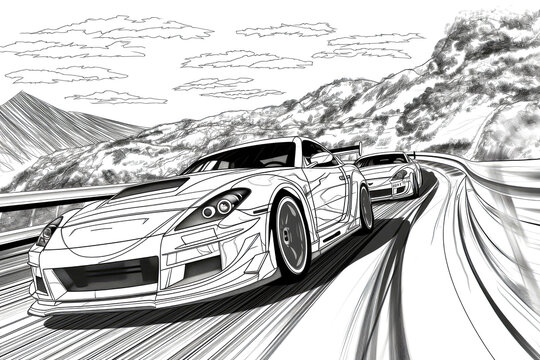 Coloring Book Black Outline, Road Rally Fastpaced Race Cars Speeding Through Winding Race Track. Generative AI