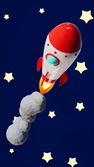 Vertical 3d illustration of rocket traveling through outer space near stars, children's toy