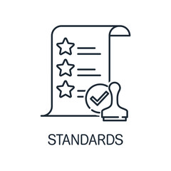 A document with stars stamped with a check mark. Standardization. Norms of standards.Vector linear icon isolated on white background.