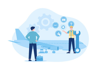 Mechanics repairing airplane before flight trending flat illustration