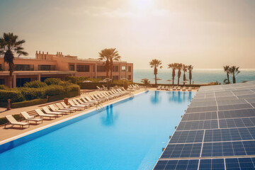 Fototapeta na wymiar Solar Panels On Sunny Beach Resort. Generative AI