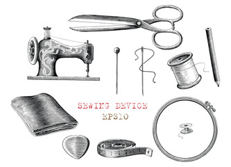 Sawing devices collection hand draw vintage engraving style black and white clip art - 617865184