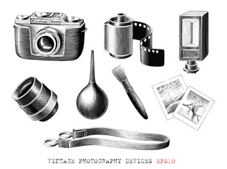 Vintage photography devices collection hand draw vintage engraving style black and white clip art - 617865188
