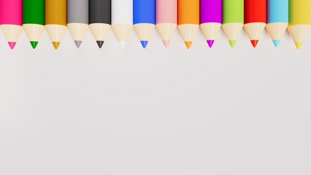 Pencils of different colors in order on a white table, theme classes and study, 3d rendering