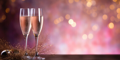 Two Champagne Glasses On Pink Background Of Fireworks With Empty Space. New Year's Eve Celebration.. Generative AI