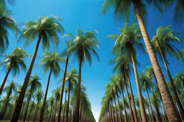 Fototapeta na wymiar Swaying Palm Tree Plantation Against Backdrop Of Blue Skies. Generative AI