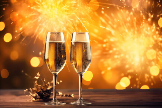 Two Champagne Glasses On Yellow Background Of Fireworks With Empty Space. Generative AI