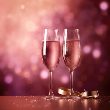 Two Champagne Glasses On Dusty Rose Color Background Of Fireworks With Empty Space. Wedding Celebration. Generative AI