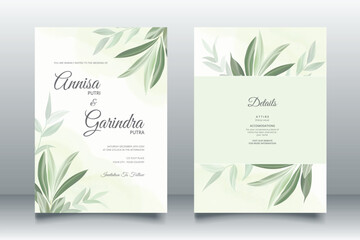 Beautiful  green leaves  wedding invitation card template Premium Vector
