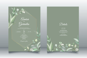Beautiful  green leaves  wedding invitation card template Premium Vector