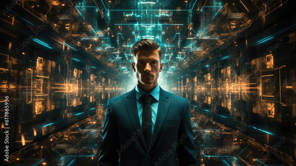 Aufkleber businessman in big data management, performance indicators dashboard concept.