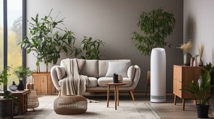 air purifier in living room with plants, Air purifier for filter and cleaning removing dust PM2.5.