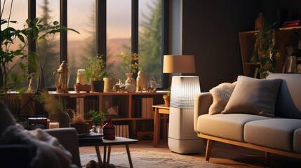 Air purifier in living room, humidifier working, purifying indoor air in living room, Smart home lifestyle.