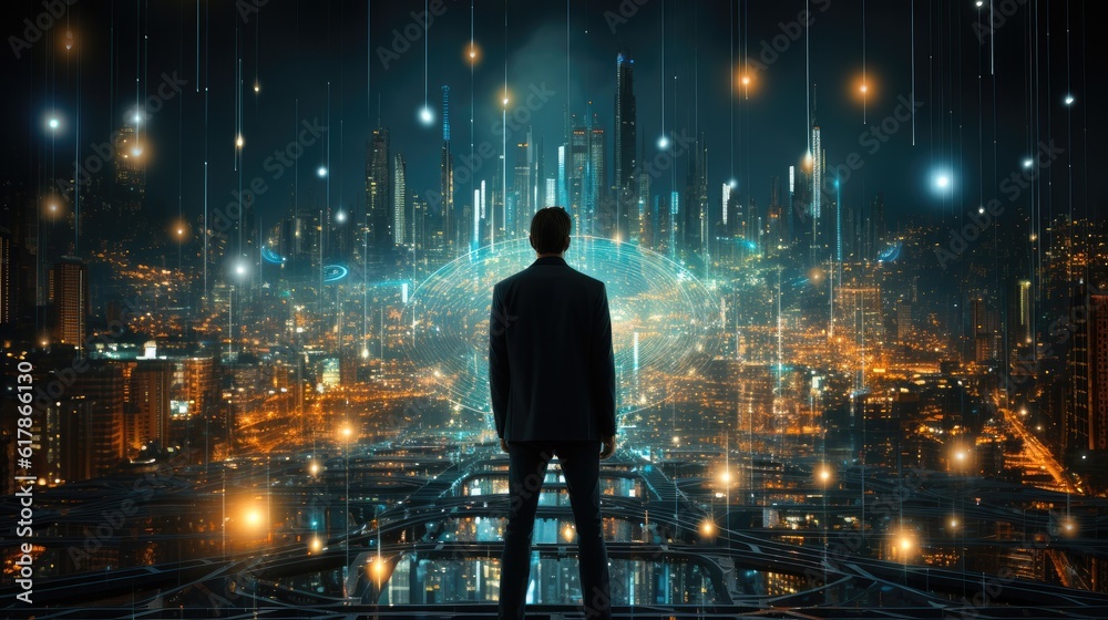 Aufkleber businessman in big data management, performance indicators dashboard concept.