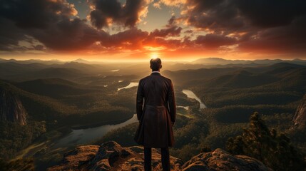 Businessman in a suit on top of a mountain,Business Success concept.