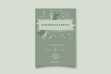 Beautiful sage green leaves wedding invitation card template Premium Vector