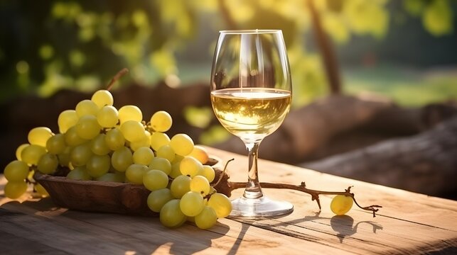 Wineglass of white wine and ripe grapes on wooden table in vineyard