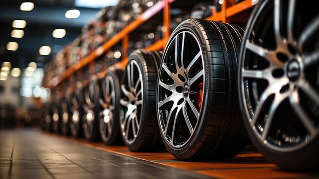 Transportation Tire rubber products, Group of new tires for sale at a tire store.