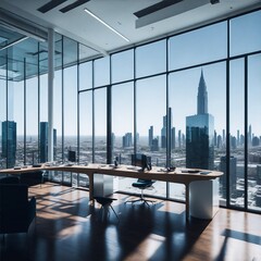 Corporate office in a tall business skyscraper with desk, wide windows and computer and tall high-rise. High quality. Generative AI.