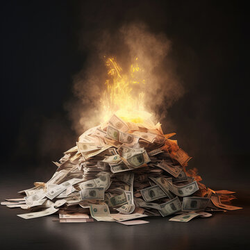 ai generated illustration Inflation or burning money concept with pile of dollar bills on fire.