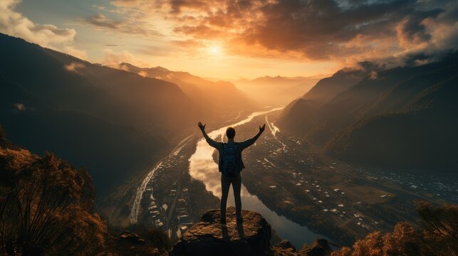 Man standing on top of the mountain, Man raising arms victoriously after climbing the mountain, Winner and Success concept.