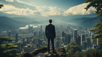 Back view of businessman standing on mountain top looking at cityscape, Competition and leader concept.