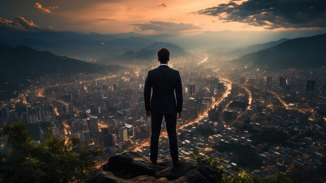 Success concept with businessman standing on mountain top and looking at city.