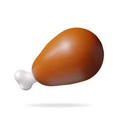 3D Fried Fresh Chicken Leg Isolated on White. Render Baked BBQ or Roasted Cooked Chicken Meat. Leg Drumsticks for Cooking. Fast Food. Turkey Bird Meat. Vector illustration