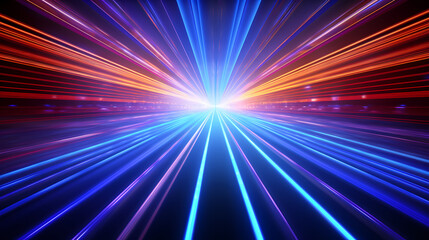 Obraz premium Spectrum Show, Vibrant Neon Beams Illuminate Abstract Geometry in Cosmic Stage Room, generative ai.