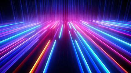 Spectrum Show, Vibrant Neon Beams Illuminate Abstract Geometry in Cosmic Stage Room, generative ai.