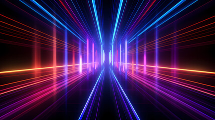 Fototapeta na wymiar Spectrum Show, Vibrant Neon Beams Illuminate Abstract Geometry in Cosmic Stage Room, generative ai.
