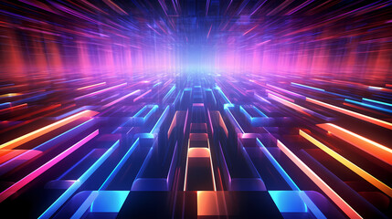 Spectrum Show, Vibrant Neon Beams Illuminate Abstract Geometry in Cosmic Stage Room, generative ai.