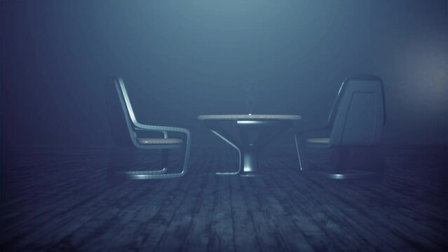 3d Surreal dolly shot of three chairs around a round table in 4K UHD resolution.Abstract imaginary dark gothic room with three chairs at a table with down lighting in UHD. Royal dark room for a confer