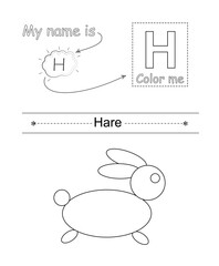 Color the letter and picture. Educational children game. Coloring alphabet. Letter H and cute hare.