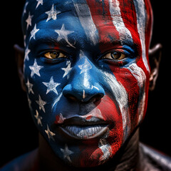 African American man with his face painted in the vibrant colors of the American flag in honor of the 4th of July celebration, Generative AI