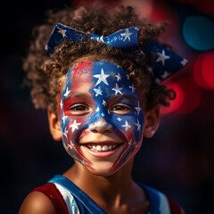 A captivating image showcasing a child with their face painted in the vibrant colors of the American flag, Generative AI