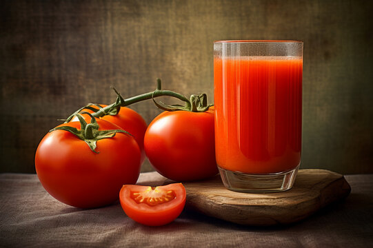 Fresh tomato juice and fresh tomatoes on rustic background. Generative AI 