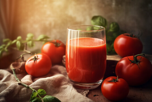 Fresh tomato juice and fresh tomatoes on rustic background. Generative AI 