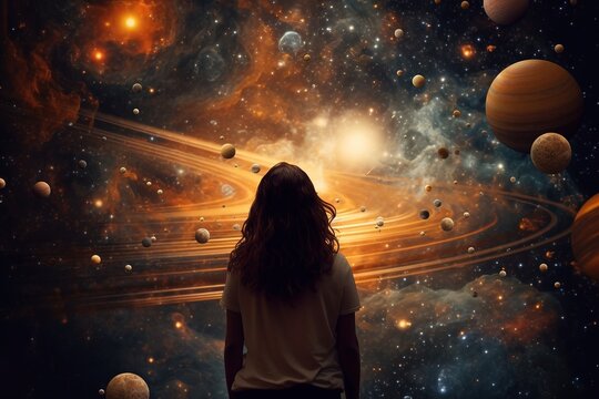 Woman in metaverse looking at our digitally generated solar system. Generative ai image.