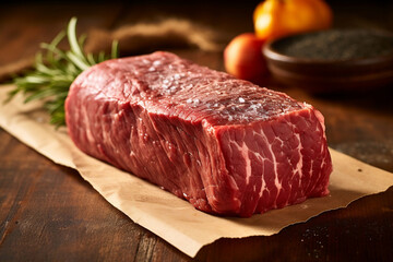 raw beef steak on wooden board