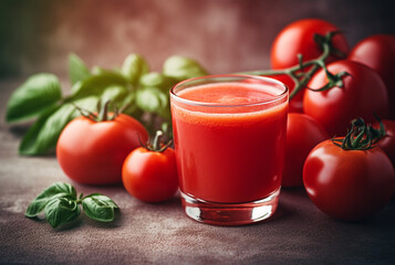 Fresh tomato juice and fresh tomatoes on rustic background. Generative AI 