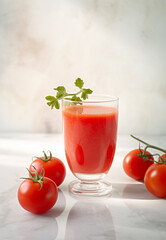 Fresh tomato juice and fresh tomatoes on rustic background. Generative AI 