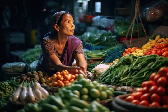 Asian senior woman is selling fresh vegetables. Generative ai image.