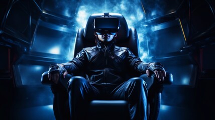 Man wearing 3d VR headset glasses looks up in cyberspace of metaverse. Virtual reality or Augmented reality world simulation. Digital computer entertainment. Okulus. Generative AI