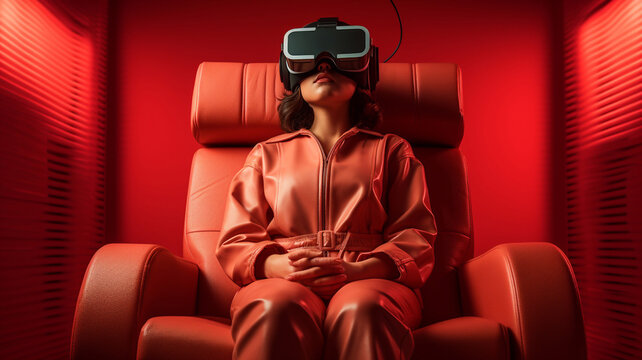 Man wearing 3d VR headset glasses looks up in cyberspace of metaverse. Virtual reality or Augmented reality world simulation. Digital computer entertainment. Okulus. Generative AI