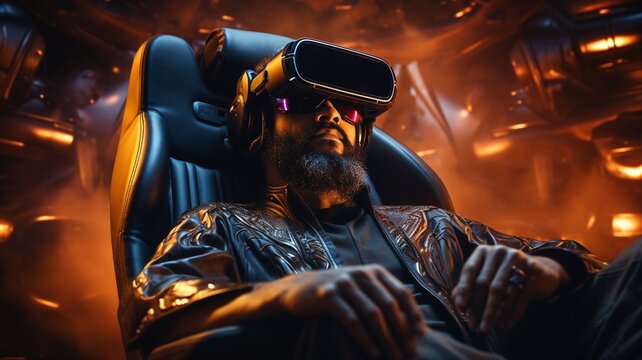 Man wearing 3d VR headset glasses looks up in cyberspace of metaverse. Virtual reality or Augmented reality world simulation. Digital computer entertainment. Okulus. Generative AI