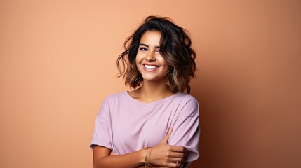 Smiling happy attractive hispanic young woman posing in studio shot