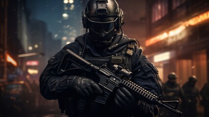 Fototapeta premium Portrait of a special forces soldier who is aiming at a collimator sight of a machine gun. The concept of special military units. Computer games. Mixed media