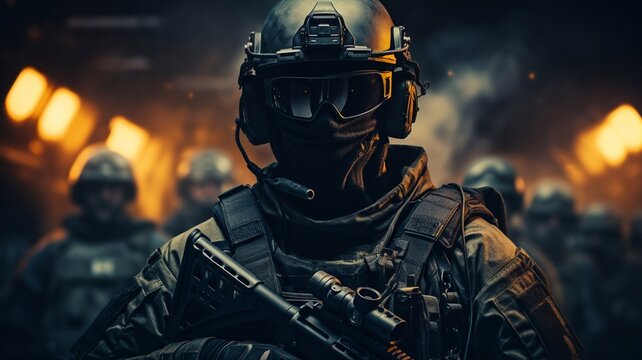 Portrait of a special forces soldier who is aiming at a collimator sight of a machine gun. The concept of special military units. Computer games. Mixed media